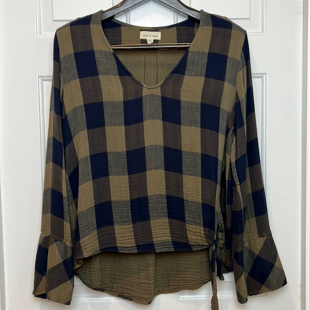 Cloth & Stone Flannel Long Sleeve Top Size XL Olive and Black Check